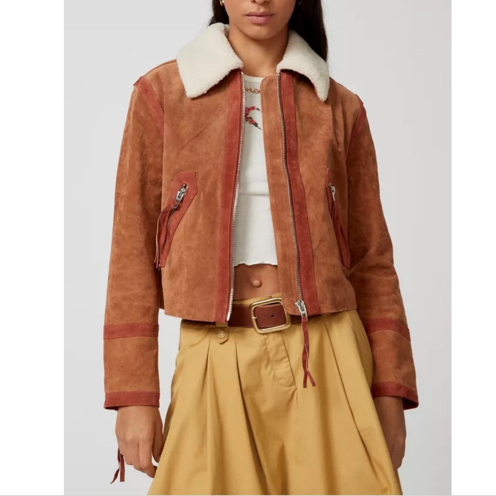 BLANKNYC Caramel Sauce Suede Jacket Size S Faux Shearling Collar Full Zip Pocket